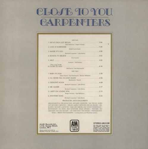Carpenters Close To You vinyl LP album (LP record) UK CRPLPCL312743