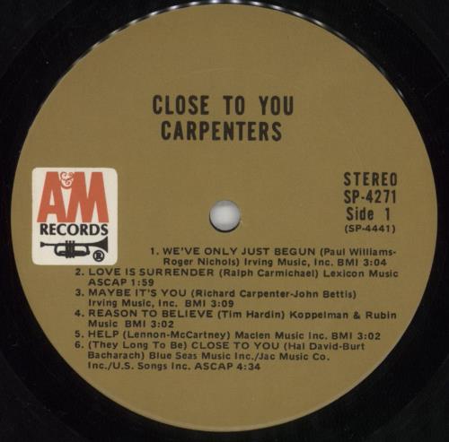 Carpenters Close To You vinyl LP album (LP record) US CRPLPCL849526