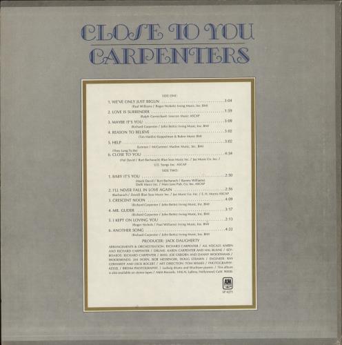 Carpenters Close To You vinyl LP album (LP record) US CRPLPCL849526