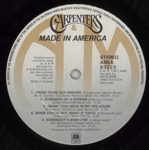 Carpenters Made In America vinyl LP album (LP record) UK CRPLPMA371099