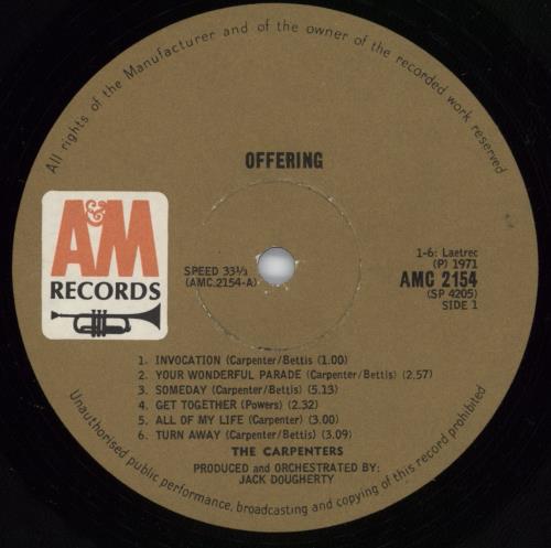 Carpenters Offering vinyl LP album (LP record) South African CRPLPOF773127