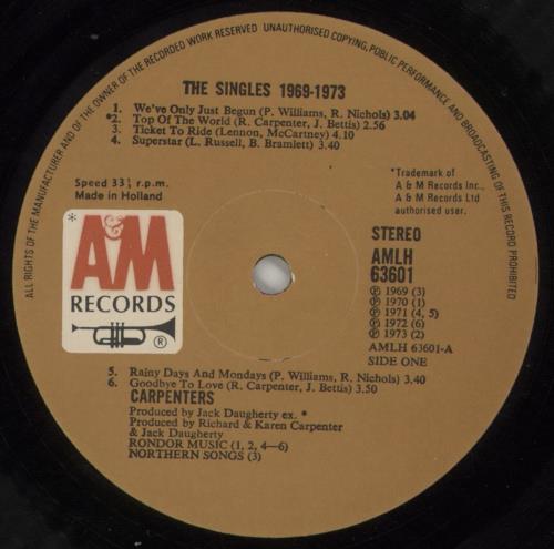 Carpenters The Singles 1969-1973 - EX vinyl LP album (LP record) Dutch CRPLPTH664076