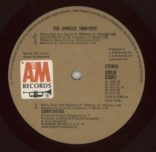 Carpenters The Singles 1969-1973 - Red Vinyl EX vinyl LP album (LP record) UK CRPLPTH863982