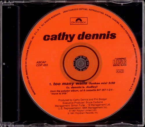 Cathy Dennis Too Many Walls CD single (CD5 / 5") US DENC5TO502655