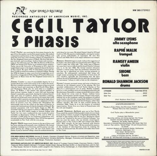 Cecil Taylor 3 Phasis vinyl LP album (LP record) US CQTLPPH704794