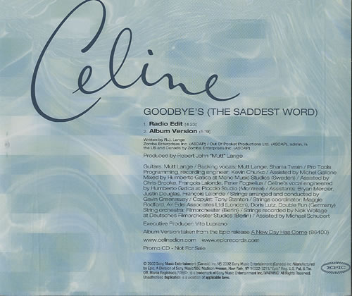 Celine Dion Goodbye's (The Saddest Word) CD single (CD5 / 5") US CELC5GO228009