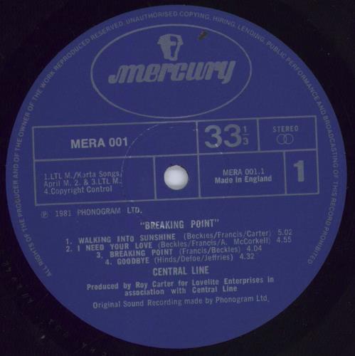 Central Line Breaking Point vinyl LP album (LP record) UK CN3LPBR831900