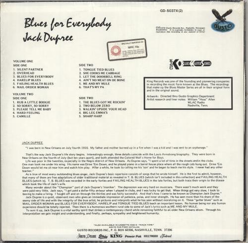 Champion Jack Dupree Blues For Everybody 2-LP vinyl record set (Double LP Album) US CJD2LBL711836