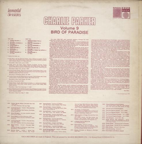 Charlie Parker Volume 9 - Bird Of Paradise vinyl LP album (LP record) UK CIKLPVO588222