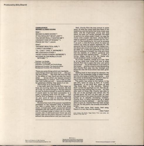 Charlie Rich Behind Closed Doors vinyl LP album (LP record) UK CB3LPBE303302