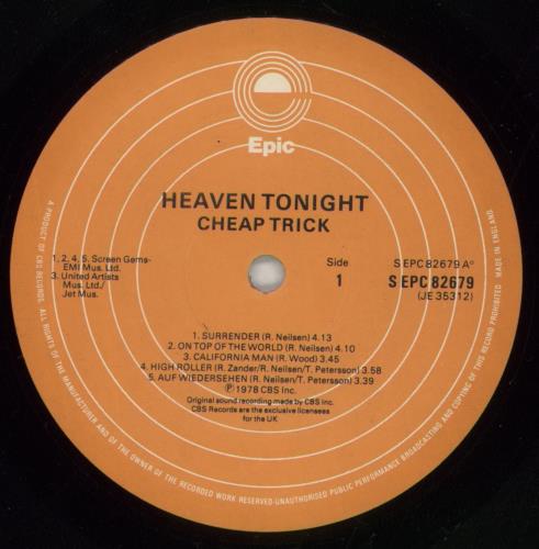 Cheap Trick Heaven Tonight vinyl LP album (LP record) UK CHPLPHE863791
