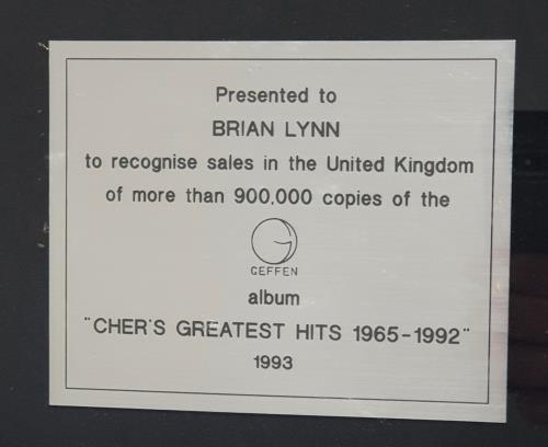 Cher Greatest Hits - Triple Platinum award disc UK CHEAWGR608904