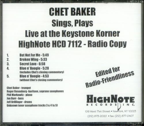 Chet Baker Sings Plays - Radio Edits CD-R acetate US 6CBCRSI529899