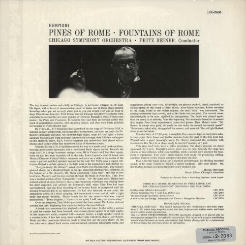 Chicago Symphony Orchestra Pines Of Rome / Fountains Of Rome - 180g vinyl LP album (LP record) US E51LPPI875839