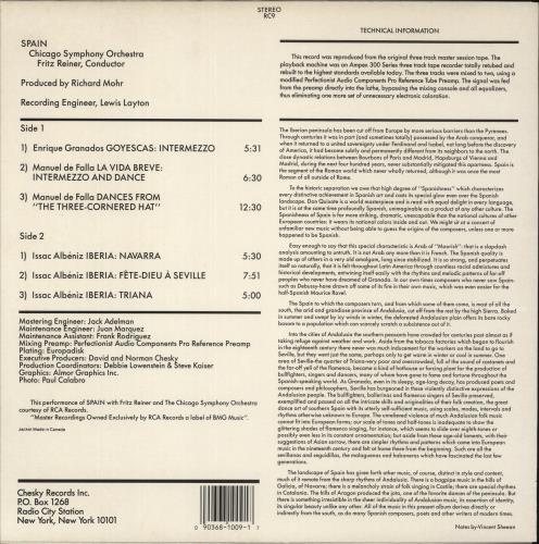 Chicago Symphony Orchestra Spain vinyl LP album (LP record) US E51LPSP880724