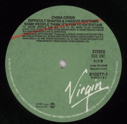 China Crisis Difficult Shapes & Passive Rhythms vinyl LP album (LP record) Greek CHNLPDI871477