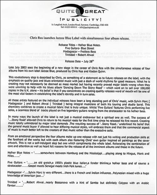 Chris Rea Jazzee Blue Label Album's CD-R acetate UK REACRJA256359