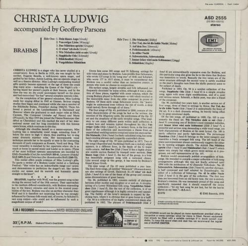 Christa Ludwig Brahms Songs vinyl LP album (LP record) UK 1I3LPBR754748