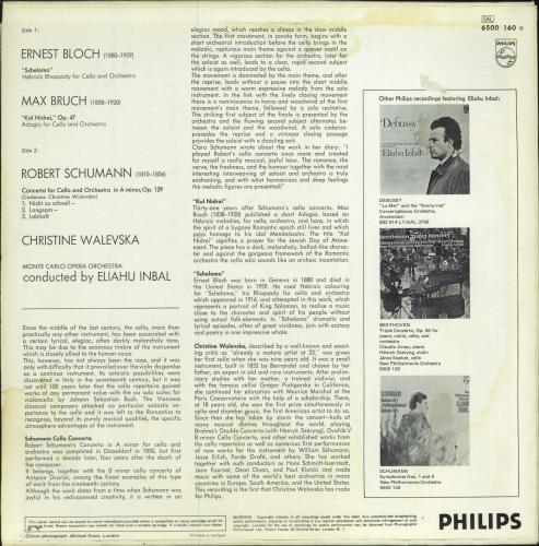 Christine Walevska Schumann: Cello Concerto / Bloch: Schelomo / Bruch: Kol Nidrei vinyl LP album (LP record) UK 4L1LPSC786502