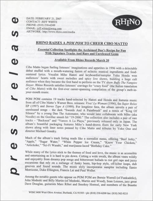 Cibo Matto Pom Pom media press pack US CBMPPPO437240