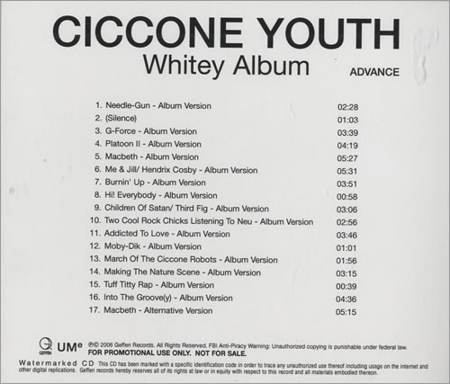 Ciccone Youth Whitey Album CD-R acetate US CIYCRWH390916