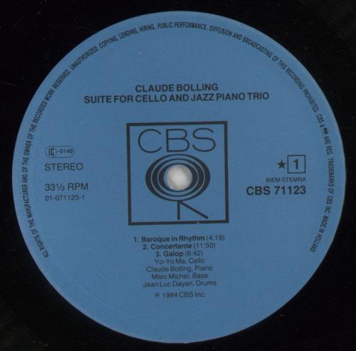 Claude Bolling Suite For Cello And Jazz Piano Trio vinyl LP album (LP record) Dutch 7CBLPSU871052
