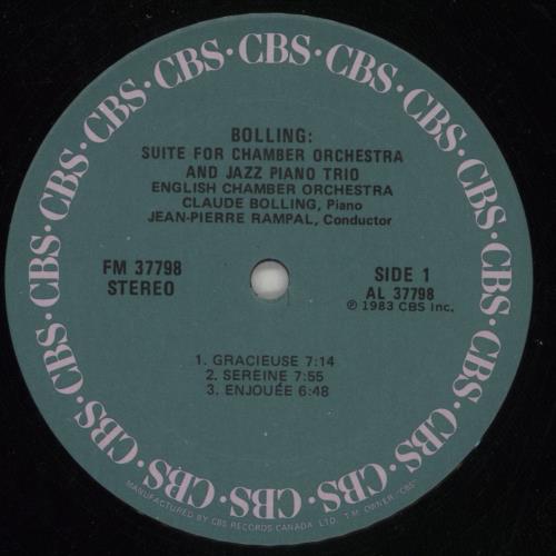 Claude Bolling Suite For Chamber Orchestra And Jazz Piano Trio vinyl LP album (LP record) Canadian 7CBLPSU870715