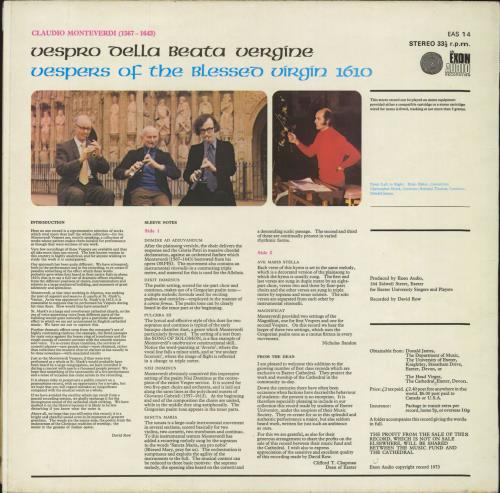 Claudio Monteverdi Montiverdi Vespers 1610 vinyl LP album (LP record) UK M88LPMO796694