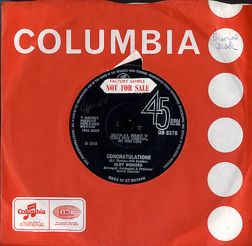Cliff Richard Congratulations - Factory Sample 7" vinyl single (7 inch record / 45) UK RIC07CO478899