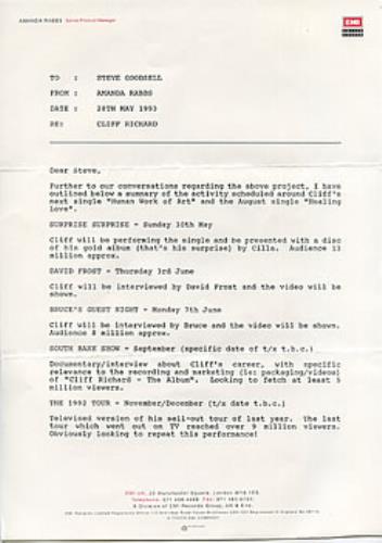 Cliff Richard EMI Promotional Schedule Letter handbill UK RICHBEM298875