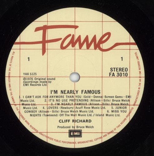 Cliff Richard I'm Nearly Famous vinyl LP album (LP record) UK RICLPIM60734