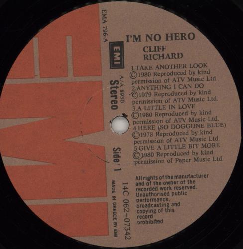 Cliff Richard I'm No Hero vinyl LP album (LP record) Greek RICLPIM762699