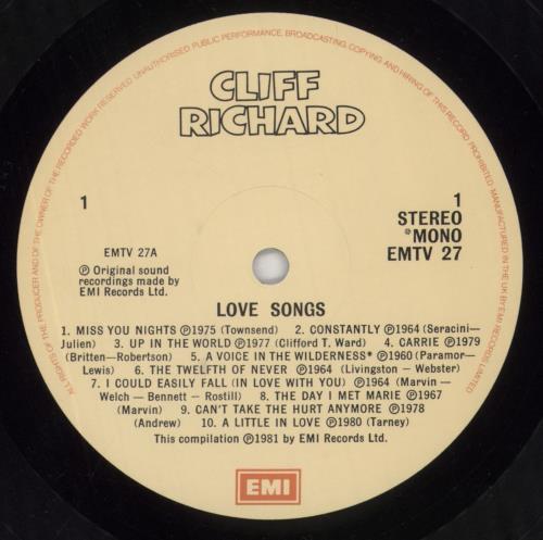 Cliff Richard Love Songs vinyl LP album (LP record) UK RICLPLO453765