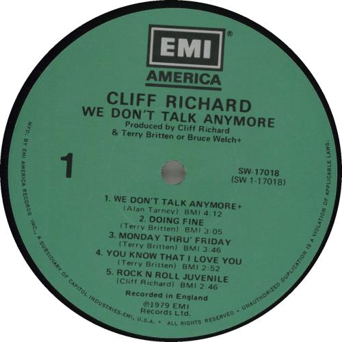 Cliff Richard We Don't Talk Anymore vinyl LP album (LP record) US RICLPWE58914