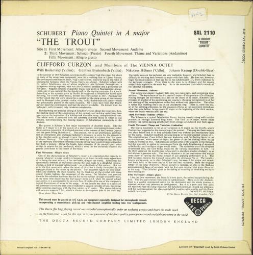 Clifford Curzon Schubert: The Trout Quintet vinyl LP album (LP record) UK H9ILPSC803208