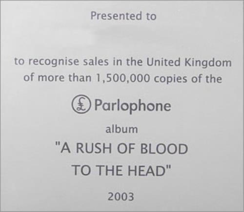 Coldplay A Rush Of Blood To The Head in-house award disc UK DPYAIAR484870