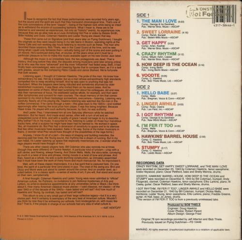 Coleman Hawkins Classic Tenors vinyl LP album (LP record) US CH3LPCL879866