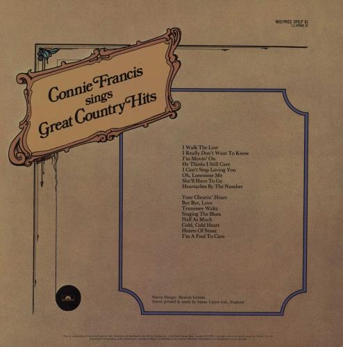 Connie Francis Sings Great Country Hits vinyl LP album (LP record) UK CNFLPSI750630