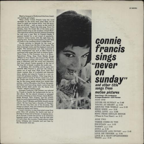 Connie Francis Sings Never On Sunday And Other Title Songs From Motion Pictures vinyl LP album (LP record) US CNFLPSI756575