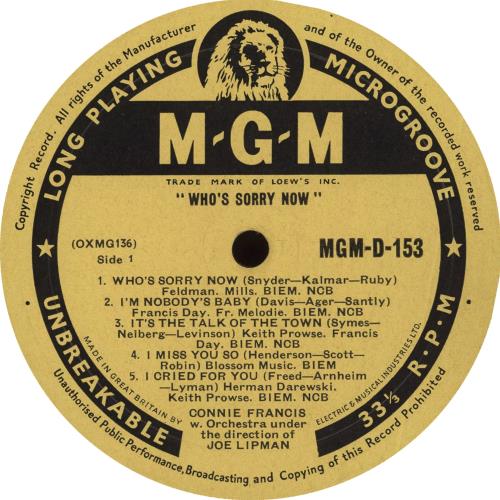 Connie Francis Who's Sorry Now 10" vinyl single (10 inch record) UK CNF10WH544217