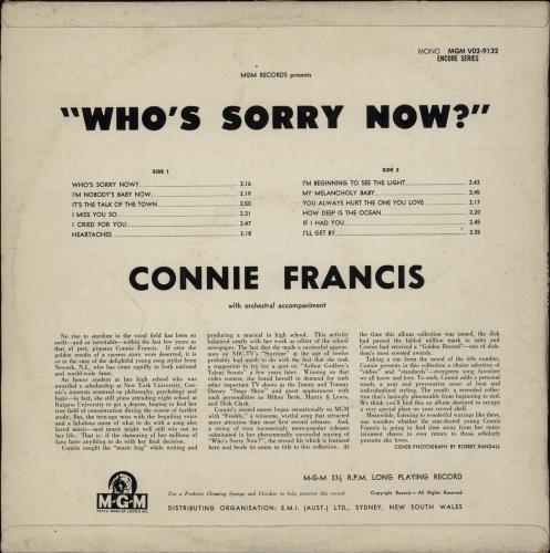 Connie Francis Who's Sorry Now vinyl LP album (LP record) Australian CNFLPWH751162