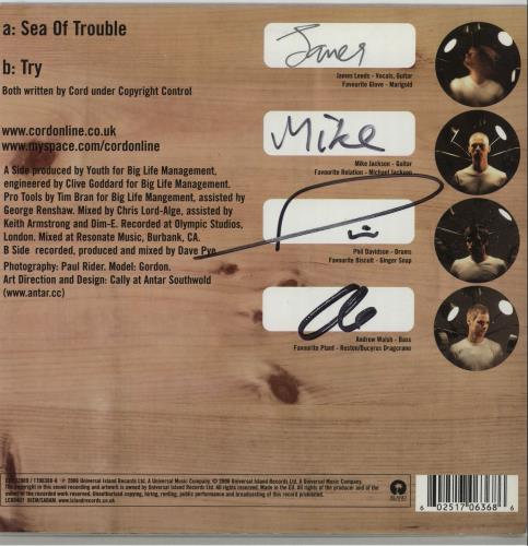 Cord Sea Of Trouble - Autographed 7" vinyl single (7 inch record / 45) UK CG607SE657111