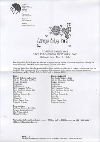 Corinne Bailey Rae Live In London promo DVD-R UK CO3DRLI395970