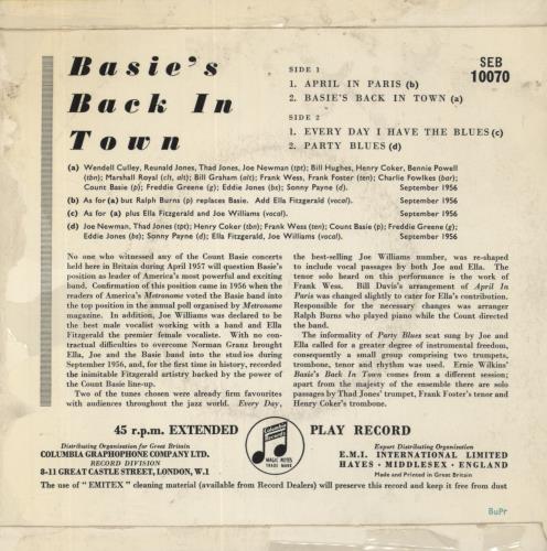 Count Basie Basie's Back In Town - EX 7" vinyl single (7 inch record / 45) UK CUI07BA366903