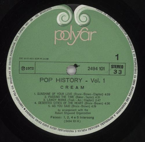 Cream Pop History Vol 1 vinyl LP album (LP record) Brazilian CRMLPPO858031