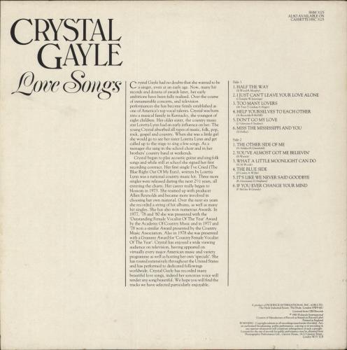 Crystal Gayle Love Songs vinyl LP album (LP record) UK CGYLPLO616159