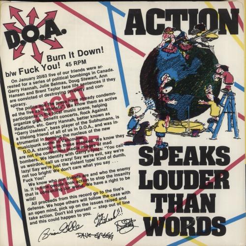 D.O.A. Burn It Down! 7" vinyl single (7 inch record / 45) US D-A07BU08546