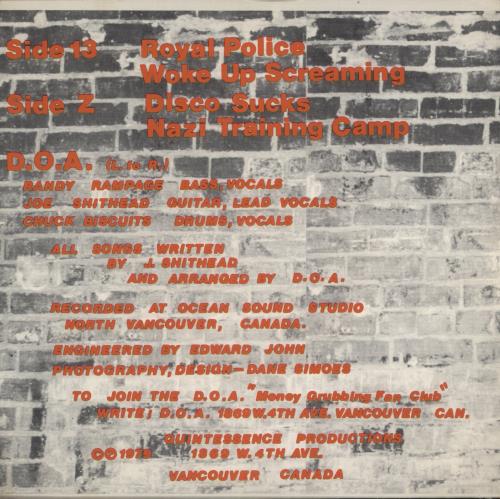 D.O.A. Disco Sucks 7" vinyl single (7 inch record / 45) Canadian D-A07DI866353