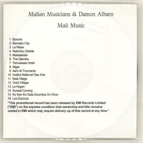 Damon Albarn Mali Music CD-R acetate UK DALCRMA700671