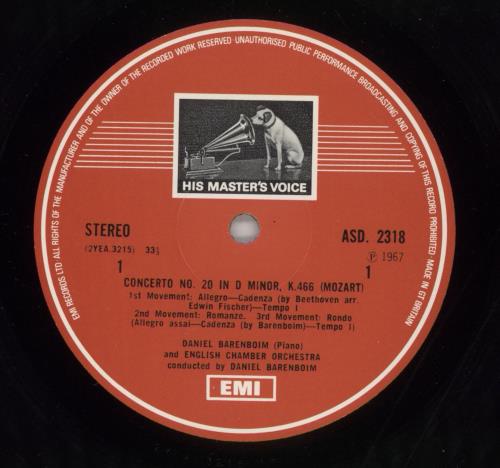 Daniel Barenboim Mozart: Piano Concertos - 4th vinyl LP album (LP record) UK H39LPMO863749